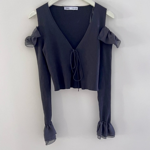 Zara cold shoulder ruffle ribbed knit black v-neck cardigan tie front size small - Picture 11 of 16